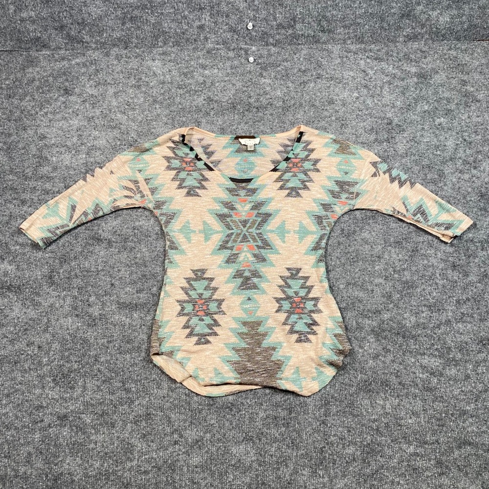 Ember Womens Small Southwestern Geometric Knit Top 3/4 Sleeve Tan Turquoise USA
